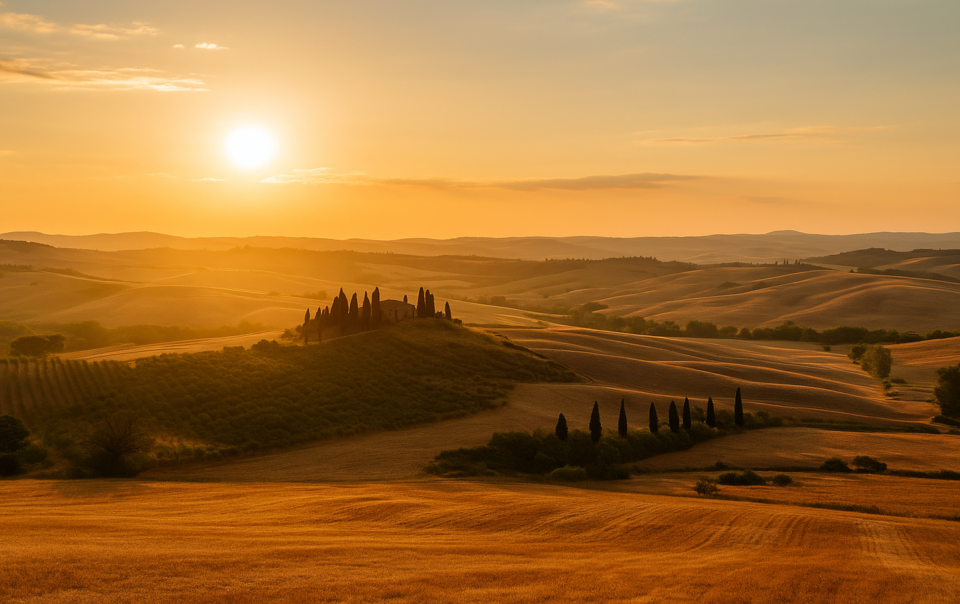 Golden sunset over rolling hills and cypress trees in the Tuscan countryside—an iconic landscape perfect for destination weddings in Tuscany.