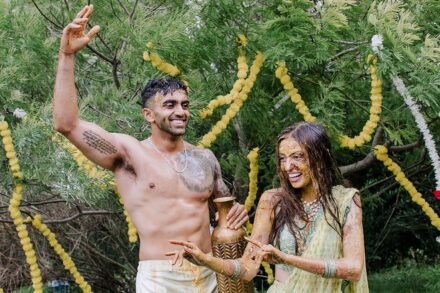 Emotional moment between Reeya and Neil after the Haldi ceremony, captured in natural light at Hotel Roma Life Style.