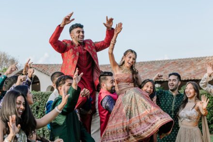 Romantic portrait of Reeya and Neil in traditional Indian attire before their Sangeet celebration in Rome.