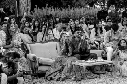 Reeya and Neil under the warm lights of Villa Piccolomini, closing their unforgettable Sangeet night in Rome.