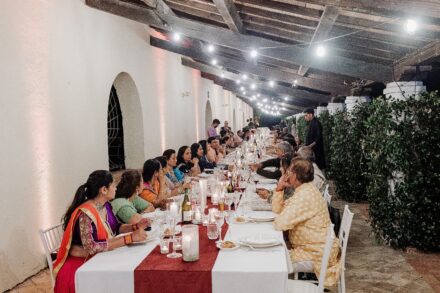 Vibrant atmosphere at Villa Piccolomini as guests celebrate Reeya and Neil’s Sangeet under the Roman sky.