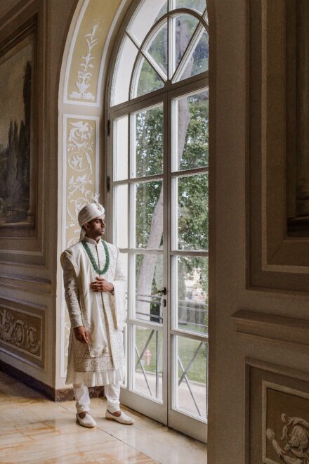 Neil in traditional Indian attire before the wedding ceremony at Villa Miani in Rome.
