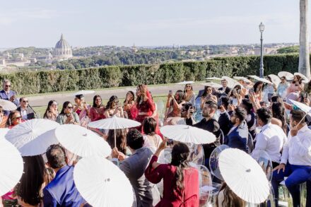 Wedding ceremony at Villa Miani with Reeya and Neil exchanging vows under the Italian sunlight.