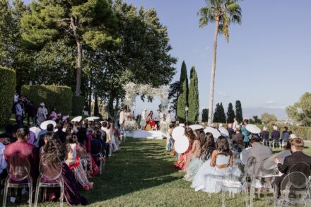Wedding ceremony at Villa Miani with Reeya and Neil exchanging vows under the Italian sunlight.