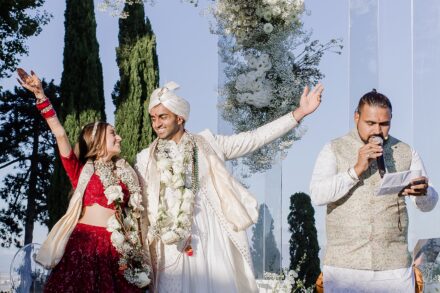 Wedding ceremony at Villa Miani with Reeya and Neil exchanging vows under the Italian sunlight.