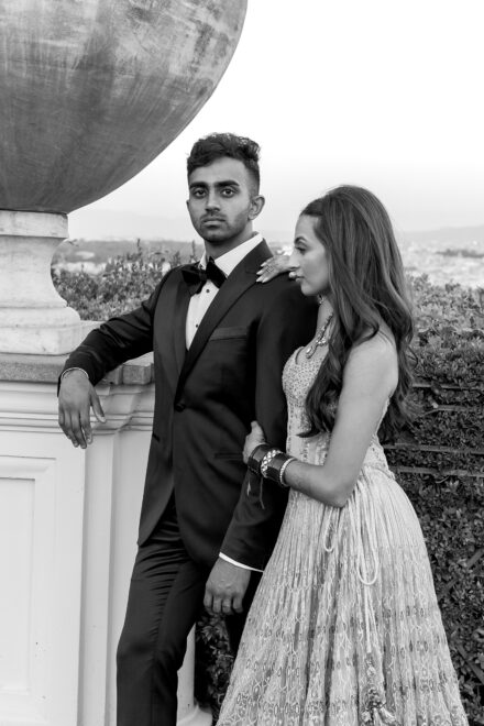 Bride and groom portrait inside Villa Miani, blending Indian tradition with Italian elegance.