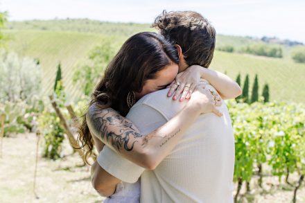 Emotional embrace following Dan and Sophie’s Tuscany proposal