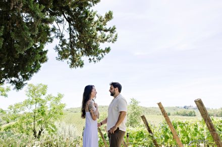 Newly engaged couple enjoying the Tuscan countryside